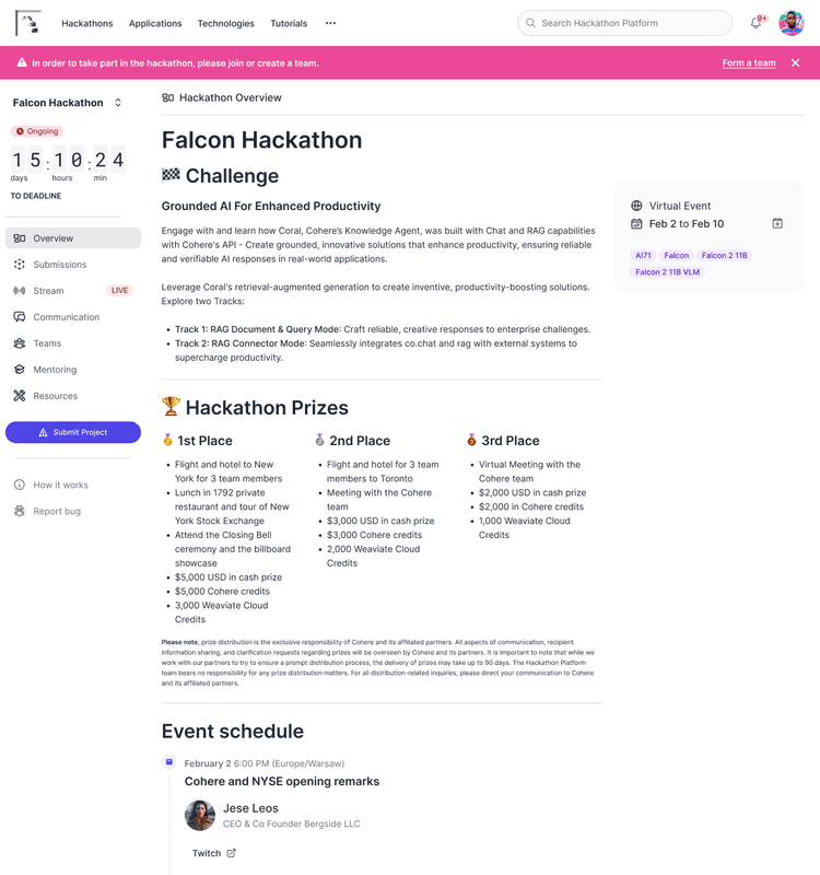 Hackathon event page screen with sign-up and event details.