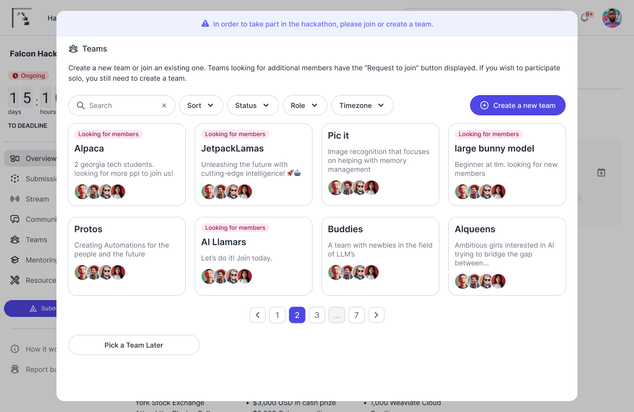 Onboarding screen with matchmaking flow for hackathon participants.