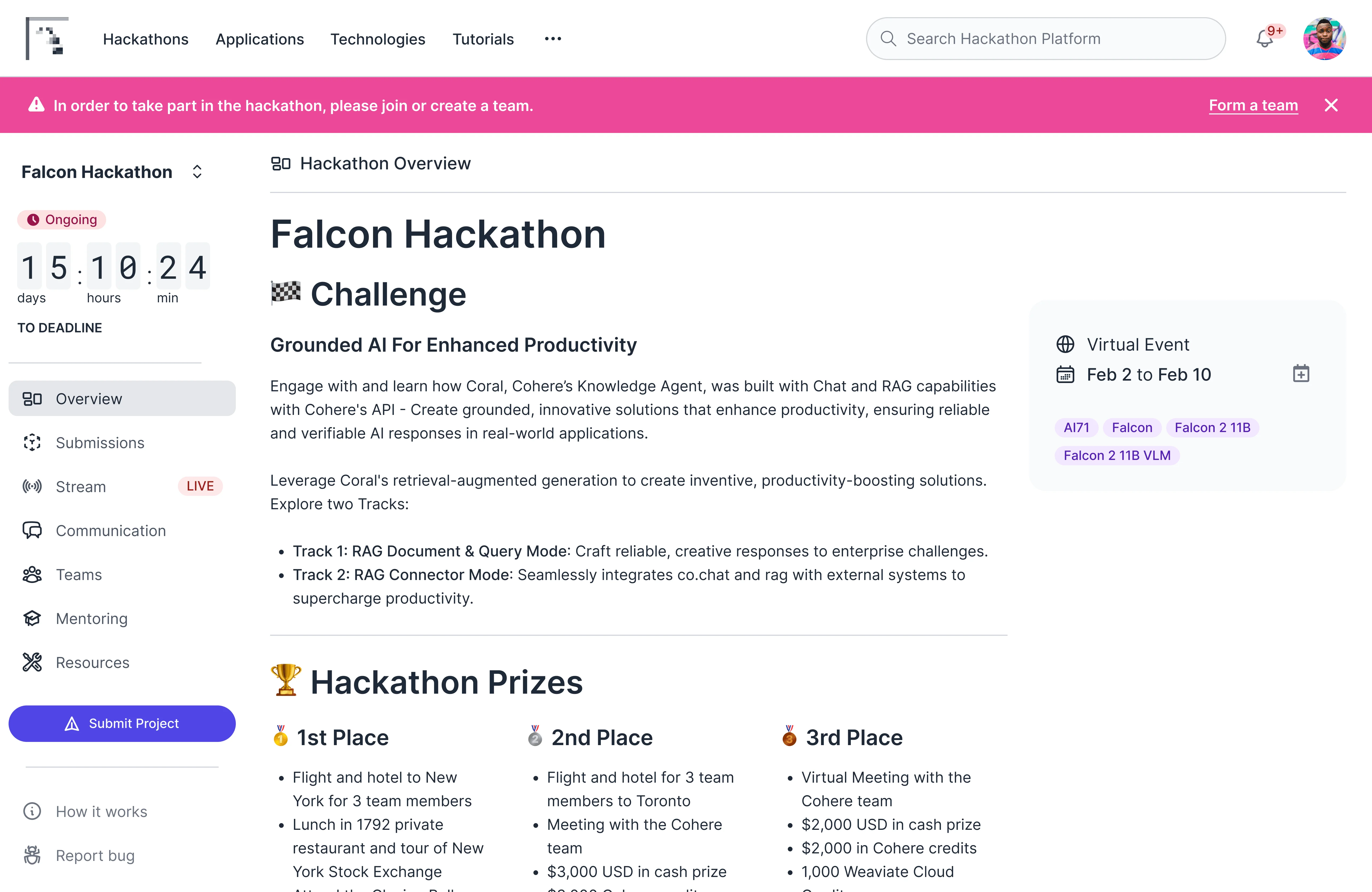 Hackathon event page screen with sign-up and event details.